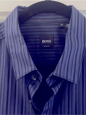 BOSS Slim Fit Navy Blue Striped Dress Shirt